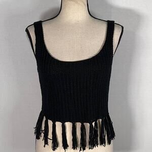 Raga Black Fringe Crochet Boho Festival Crop Top Women's Size Small